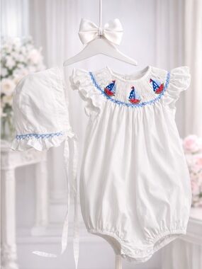 Vintage Rare Fantaisie Bébé Smocked Sailboat Bubble Romper & Bonnet Set 12M